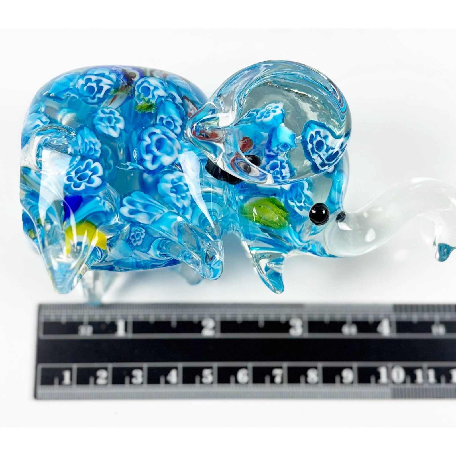 Elephant Paperweight Hand Blown Millefiori Art Glass Blue Floral 4.5” Trunk Up
