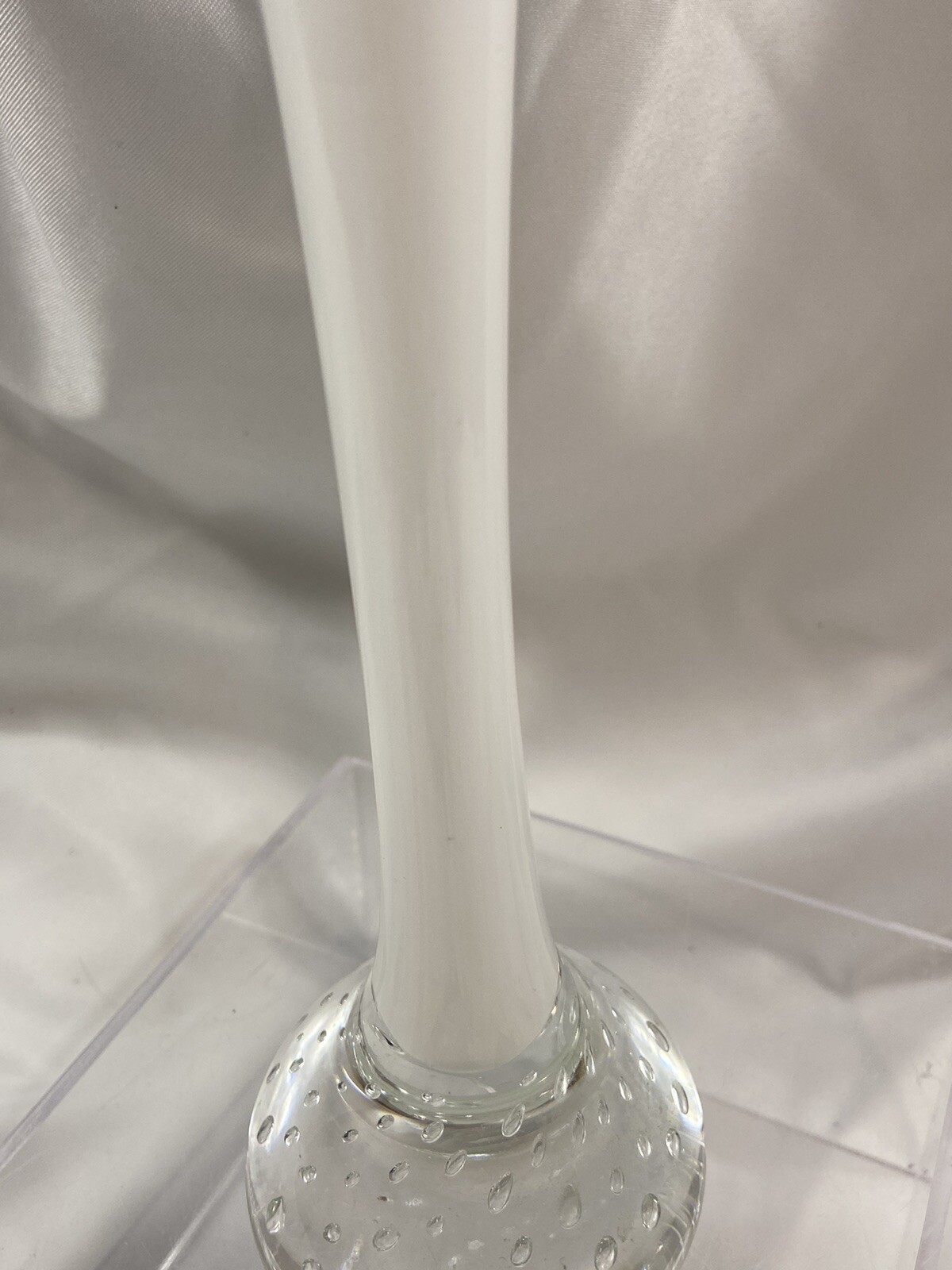 Vintage White Clear Art Glass Bud Vase Controlled Bubbles Base
