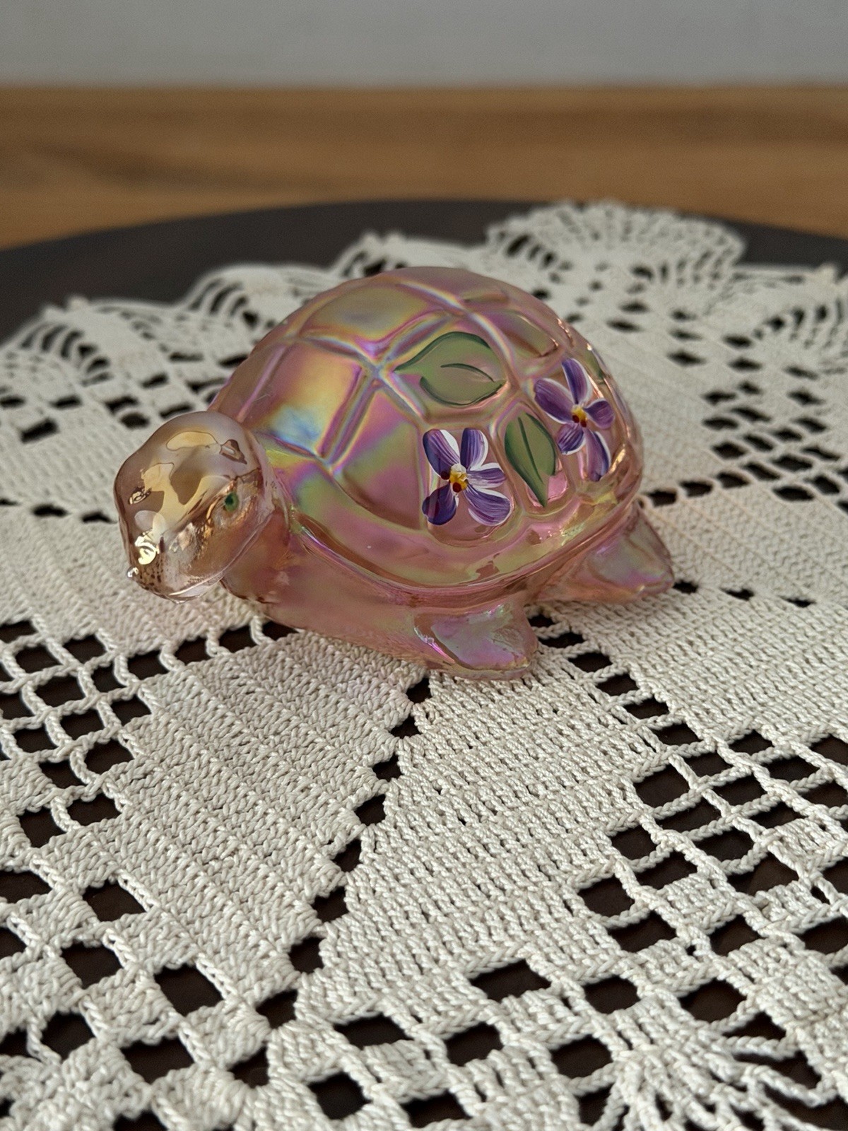 Fenton Lenox Sunset Pink Iridescent Hand Painted Turtle Figurine J Powell