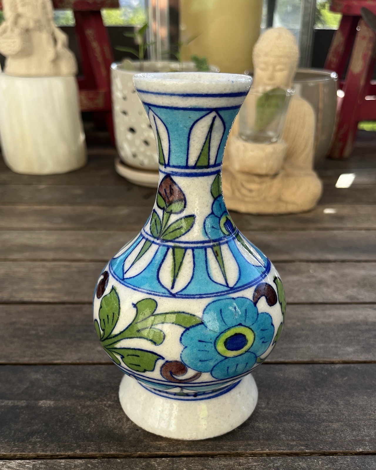 Vintage Jaipur Blue Pottery 5.5″ Floral Bud Vase Hand Painted India Folk Art