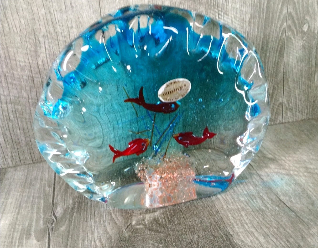 MURANO FISH AQUARIUM Gold Flakes Paperweight Murano Paper Label, Colorful 5″X6″