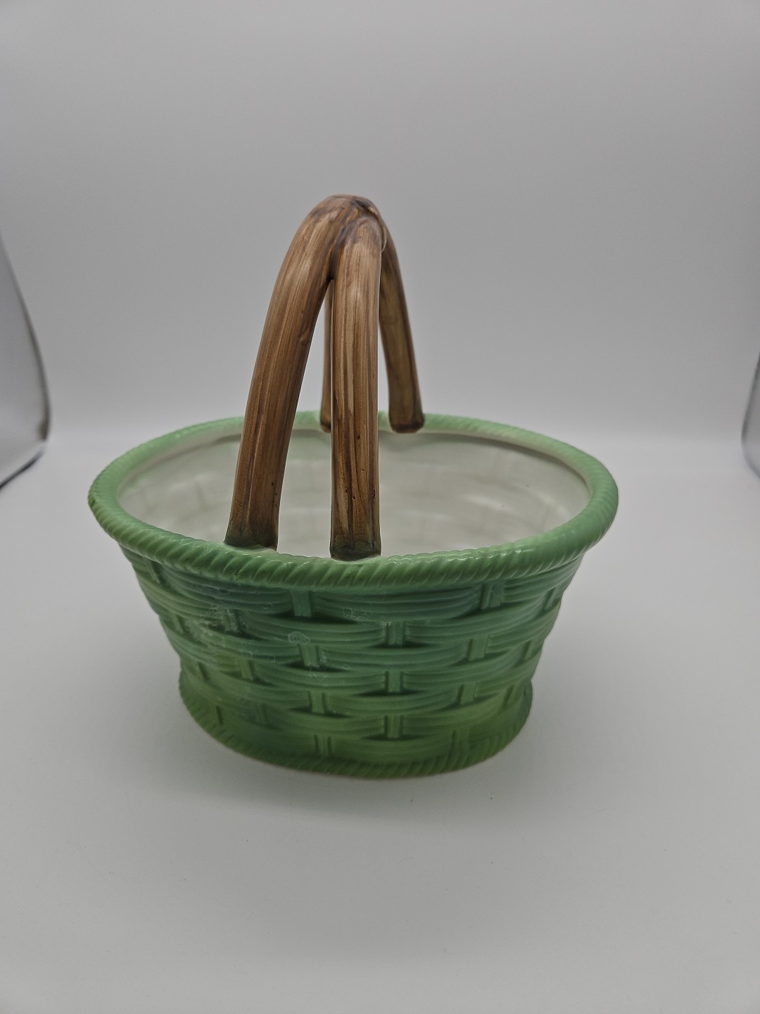 Vintage Porcelain Green Basket With Brown Porcelain Handle