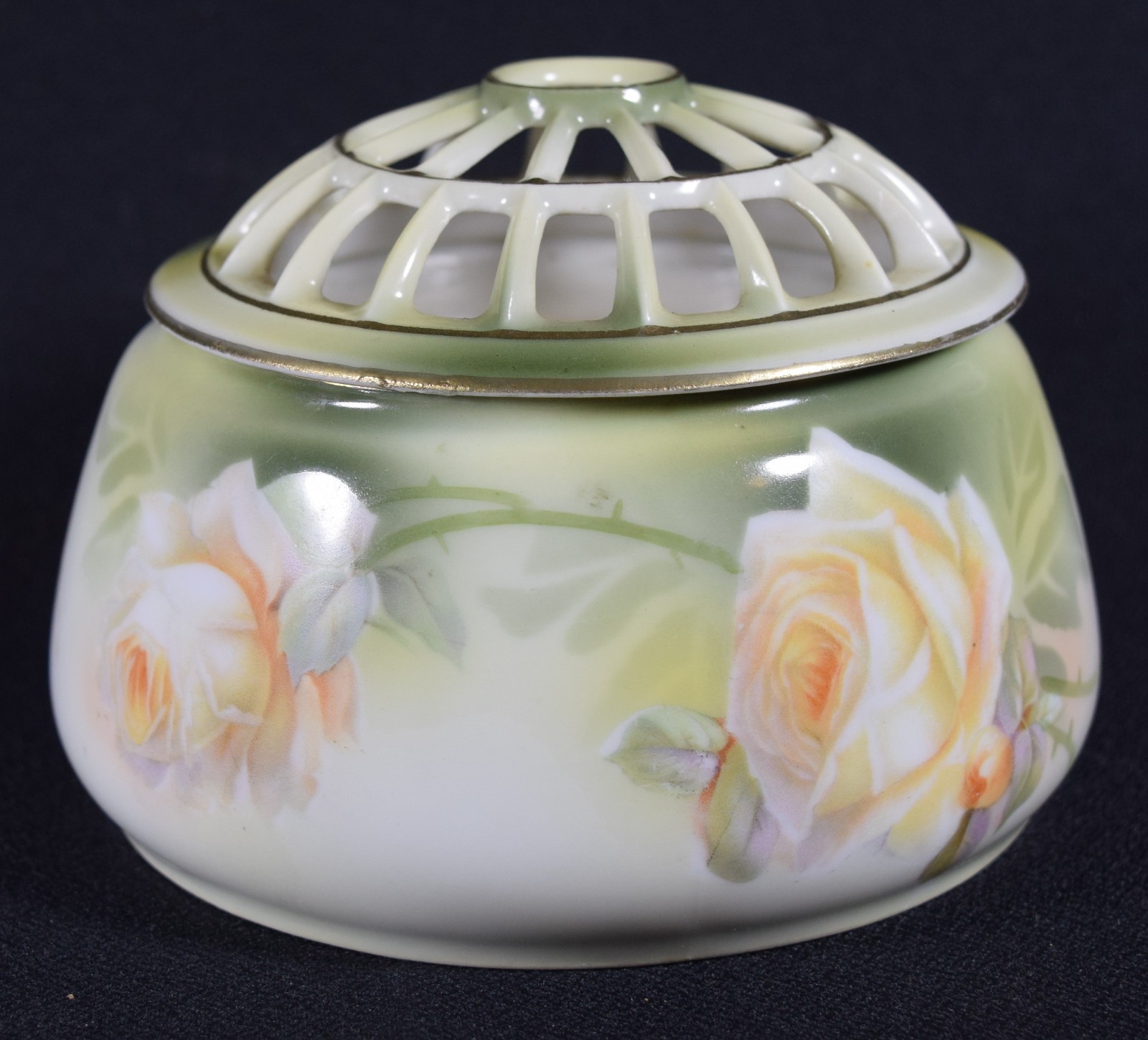 Vintage RS Germany 2 Piece Porcelain Flower Frog & Vase or Bowl w/ Yellow Roses