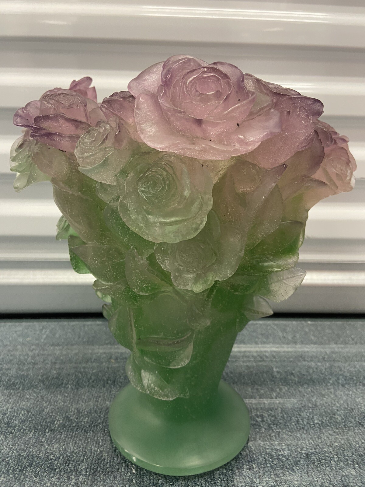 Daum France Pate De Vere Crystal “Roses” LARGE Vase 11.75” H Pink & Green RARE!