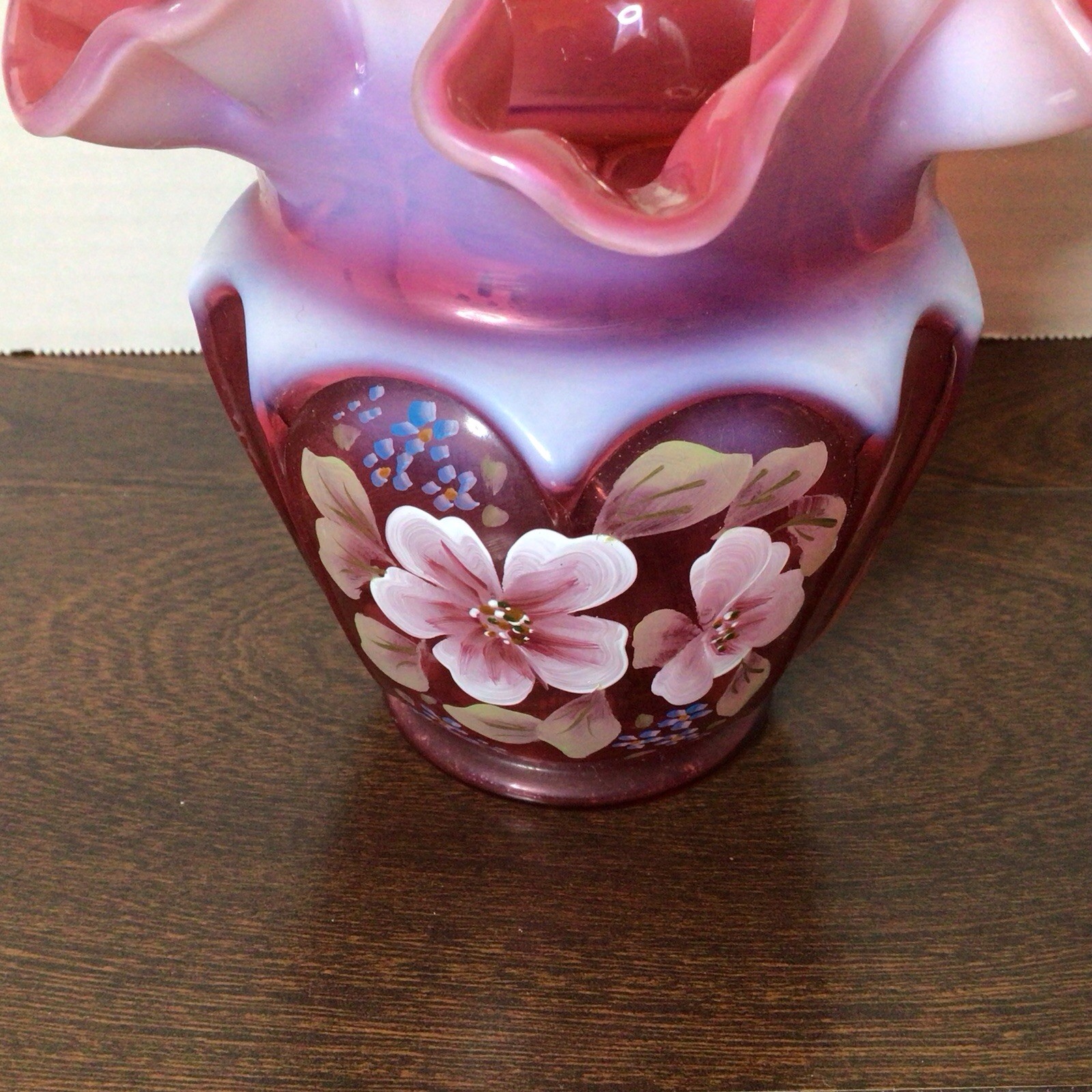 Fenton Cranberry Opalescent Glass Open-Heart Arches Basket Signed Diane Gersel