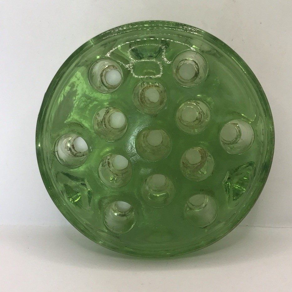 Uranium Green Glass Footed Flower Frog Heavy 13 Holes 4.75 In Vintage