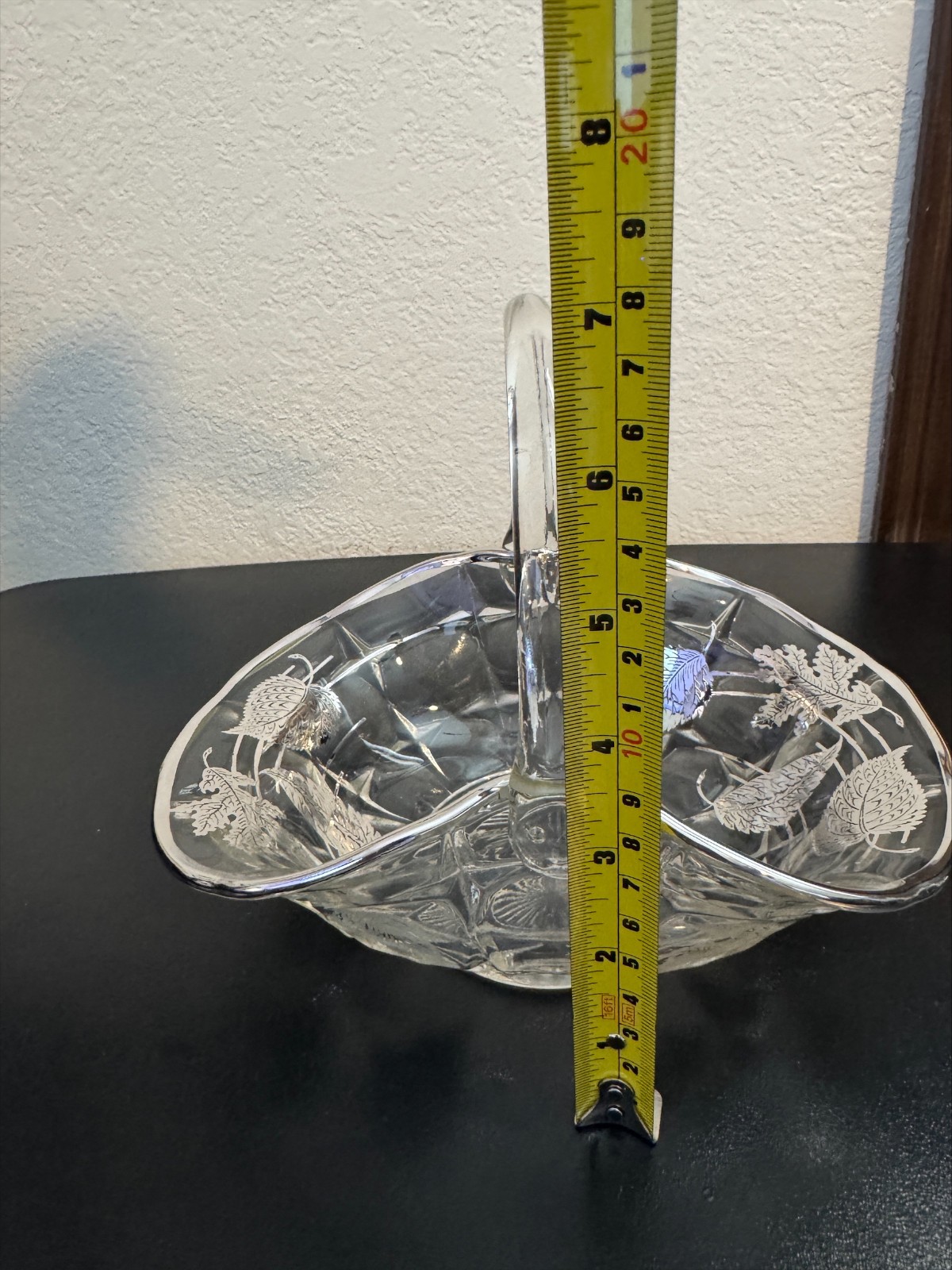Vintage Cut Crystal Basket Silver Overlay Leaf Design Starburst Base Mid-Century
