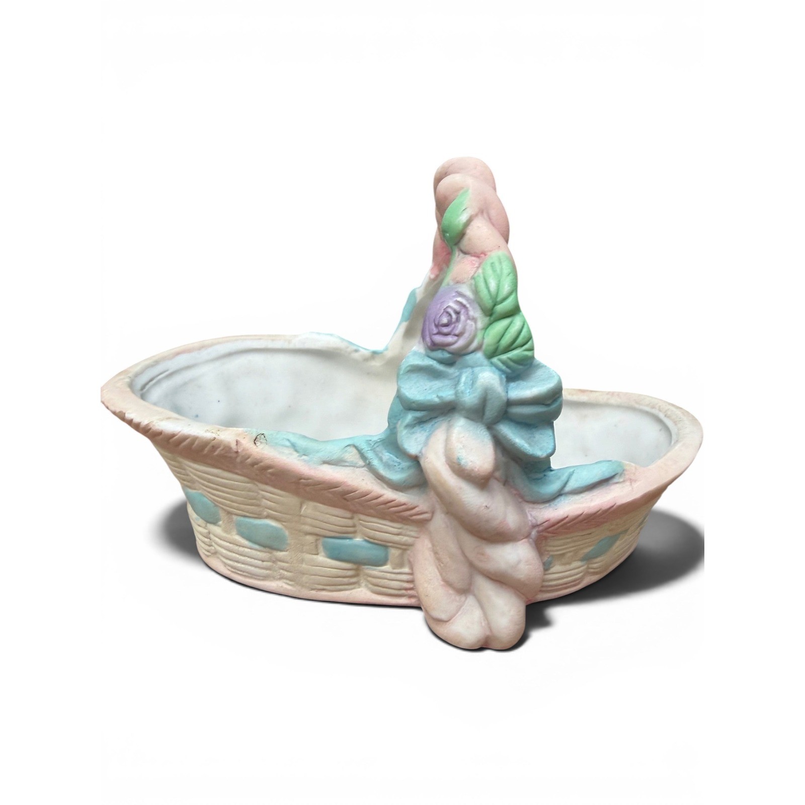 Basket Planter Ceramic Pastel Floral Rose Bow Cottagecore Decor Vintage Trinket