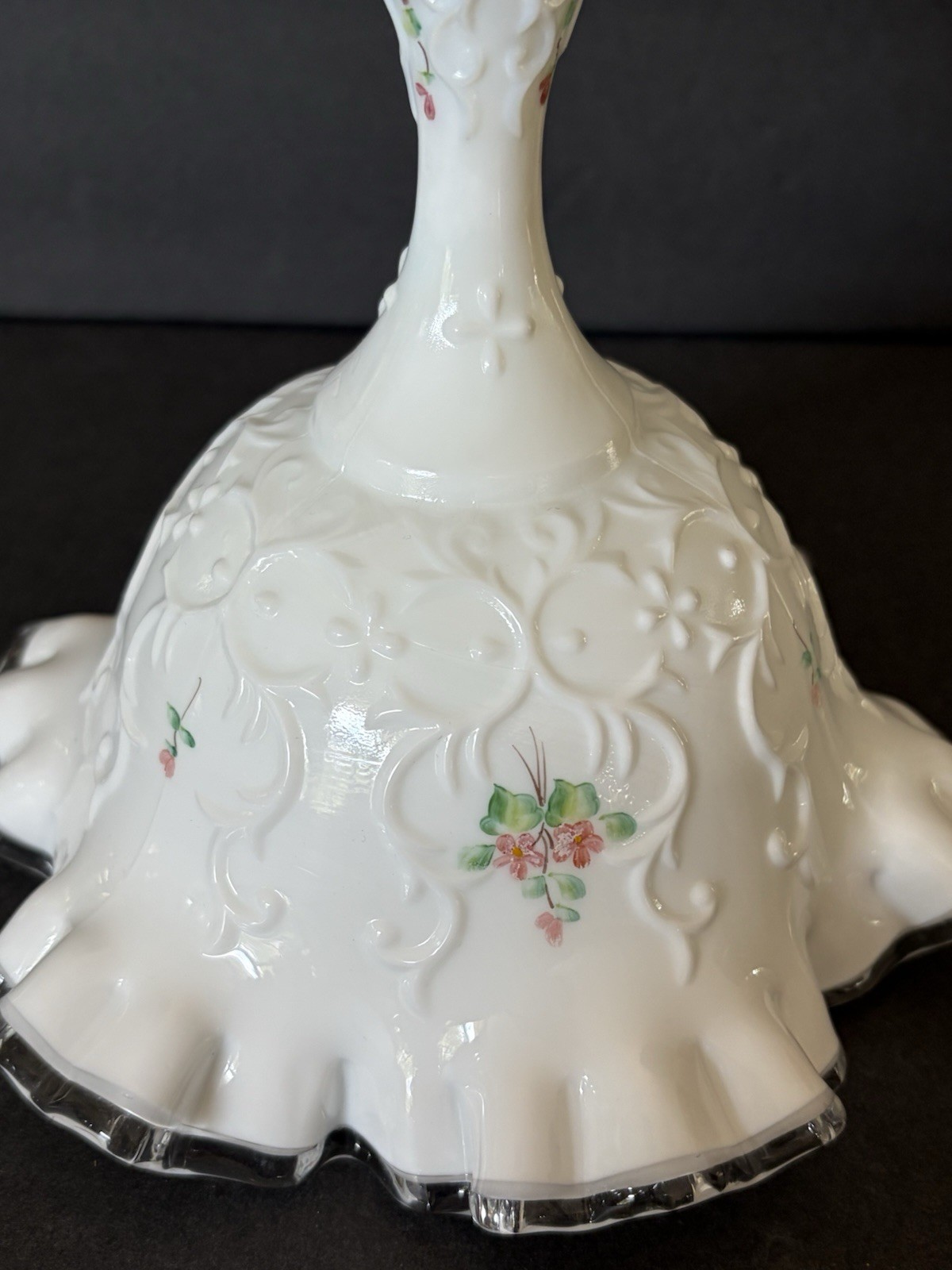 Fenton Art Glass Spanish Lace Violets In The Snow Silver Crest Compote Signed