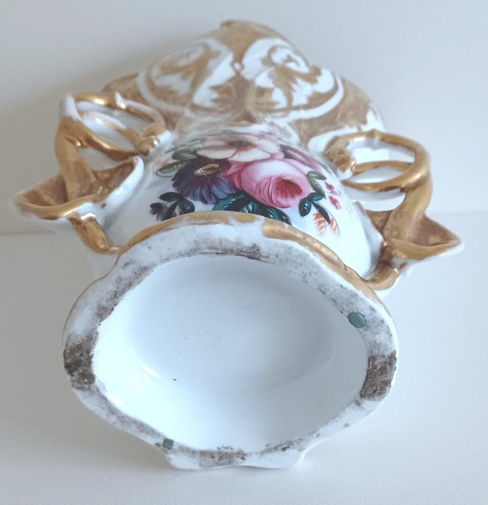 LARGE PAIR of Antique Vieux Old Paris Porcelain Vases with Beautiful Flowers 11″