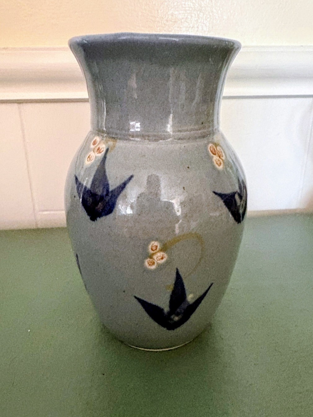 Vintage Glazed Hand-Painted Signed Blue Potter Vase 7″ x 4″