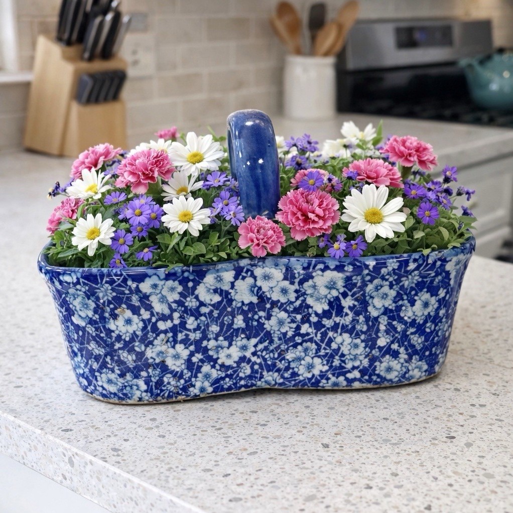 Blue White Floral Ceramic Decorative Basket with Handle Rectangular Glossy