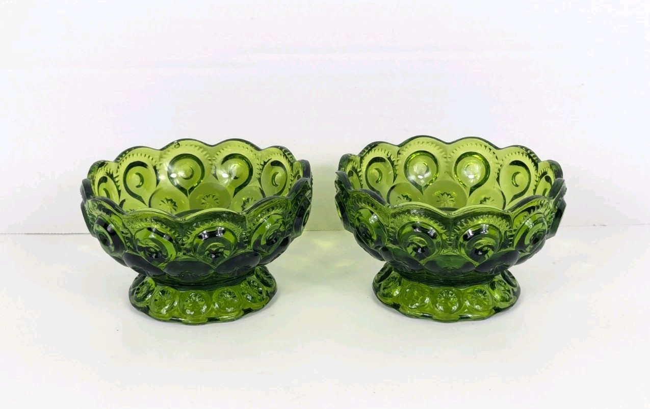 L.E. Smith Moon and Star Green Glass Candle Holders Set of (2) Footed Vintage