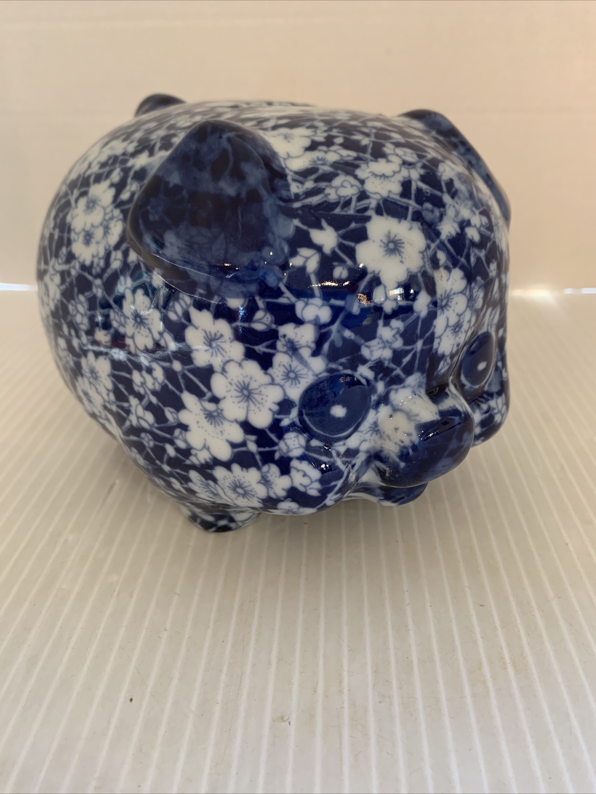 Vintage VICTORIA WARE IRONSTONE Blue White Floral Calico Pattern Piggy Bank EUC