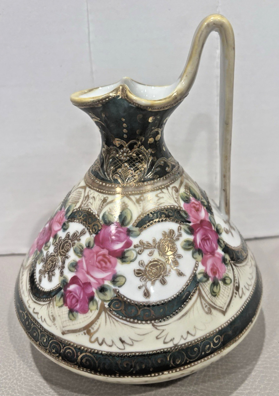 Nippon Hand Painted Gold Gilded Boudoir Pitcher Vase Decor