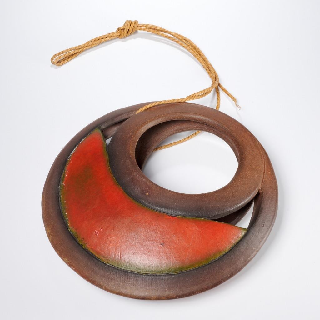 Studio Pottery Stoneware Wall Pocket Orange Green Glaze Artist Signed 14″ dia.