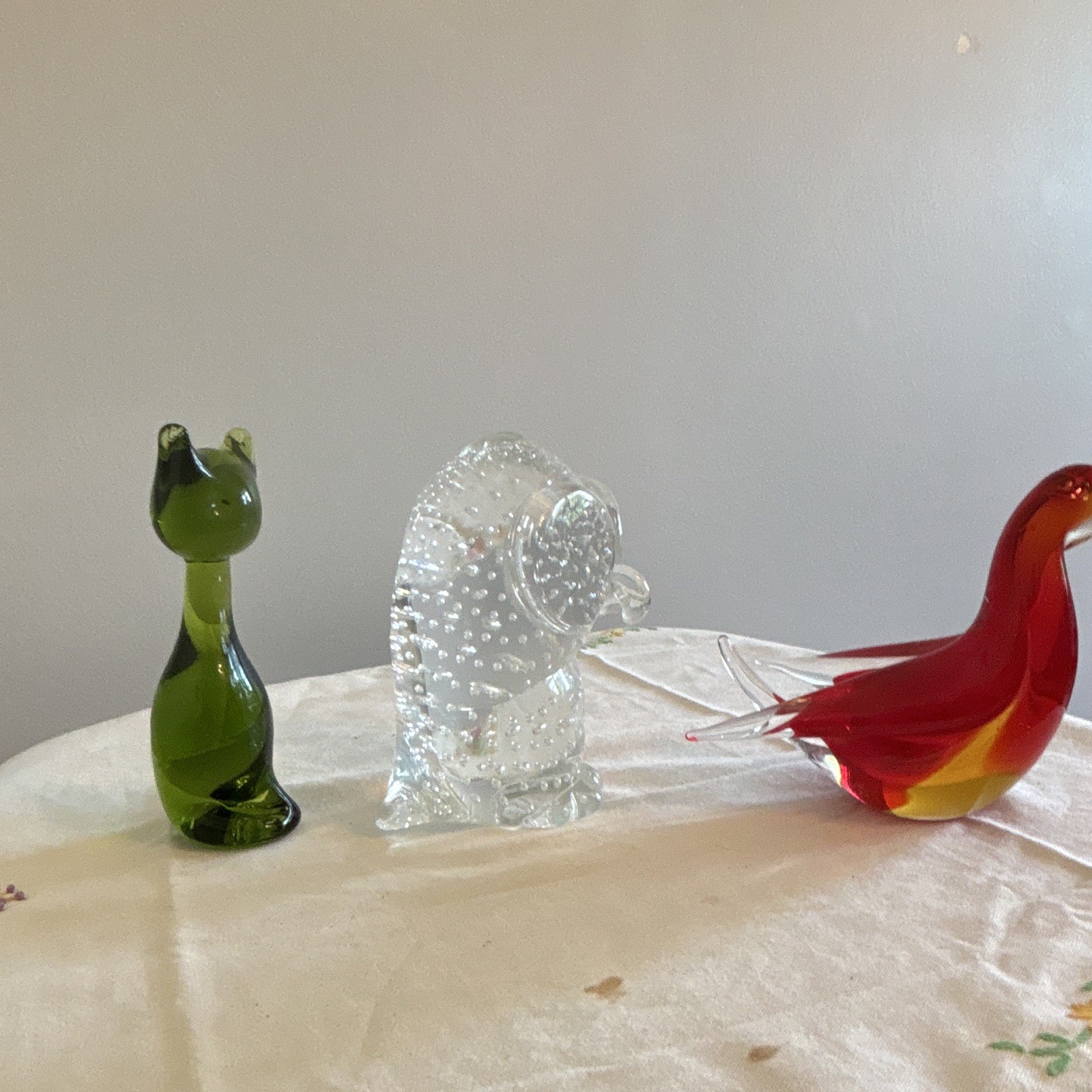 3pc Art Glass Animal Figurines Set Green Cat Clear Elephant Red Bird Decorative