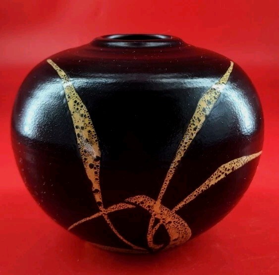 MCM Schoonhoven Art Pottery Small Black Pale Yellow Reeds Leaves Ball Vase 3×4″
