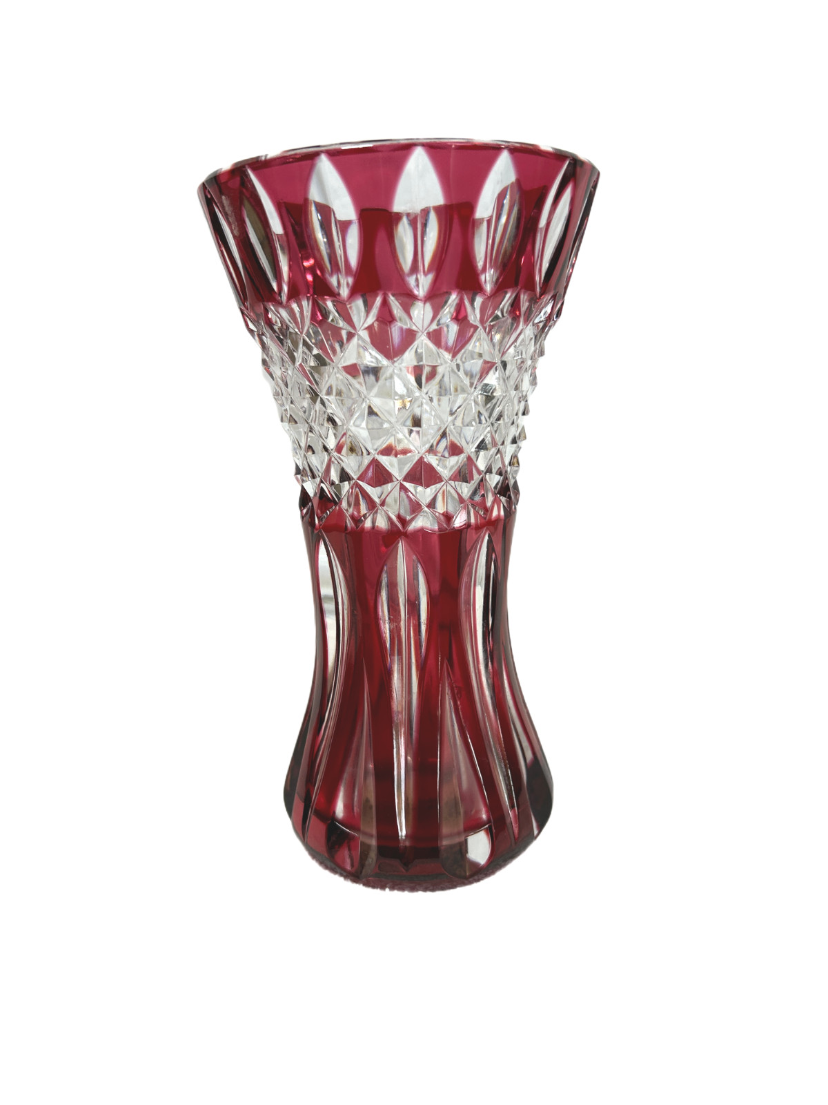 Vintage Val Saint Lambert Cranberry Red Cut to Clear Crystal Teniers Vase 8″