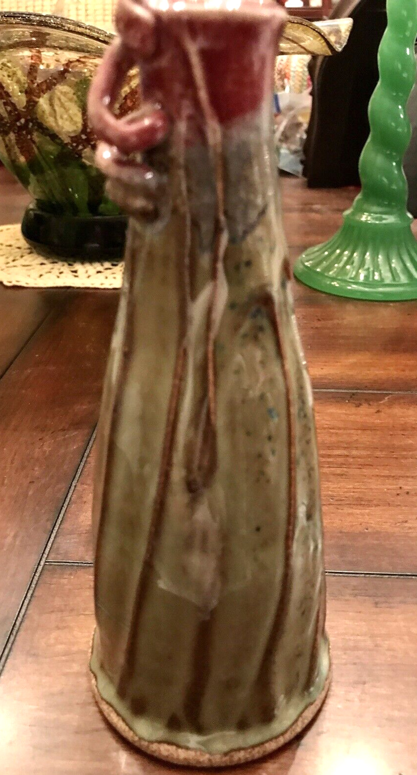 Studio Art Pottery Bud Vase Navy Blue Green Red Earthtones Ribbing Handle 7″
