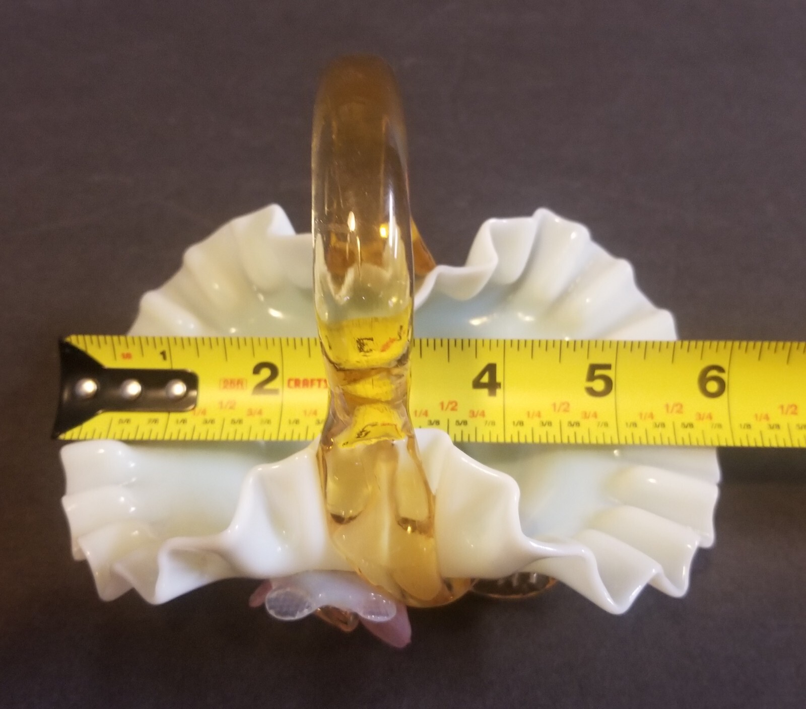 💚 URANIUM GLASS – White Ivory – Amber Handled – Pink Flower – Ruffled Basket