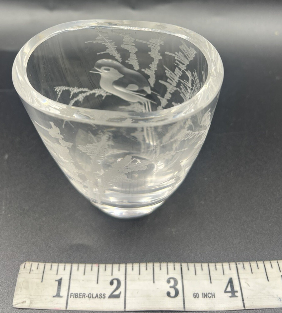 Orrefors Vase Etched Crystal with Bird and Floral Scenery Signed KJD Lander