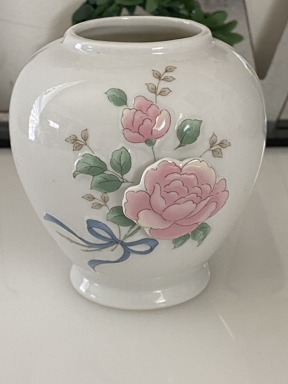 Vintage Japan Mini Vase 3D Raised Roses Porcelain Collectible White and Pink EUC