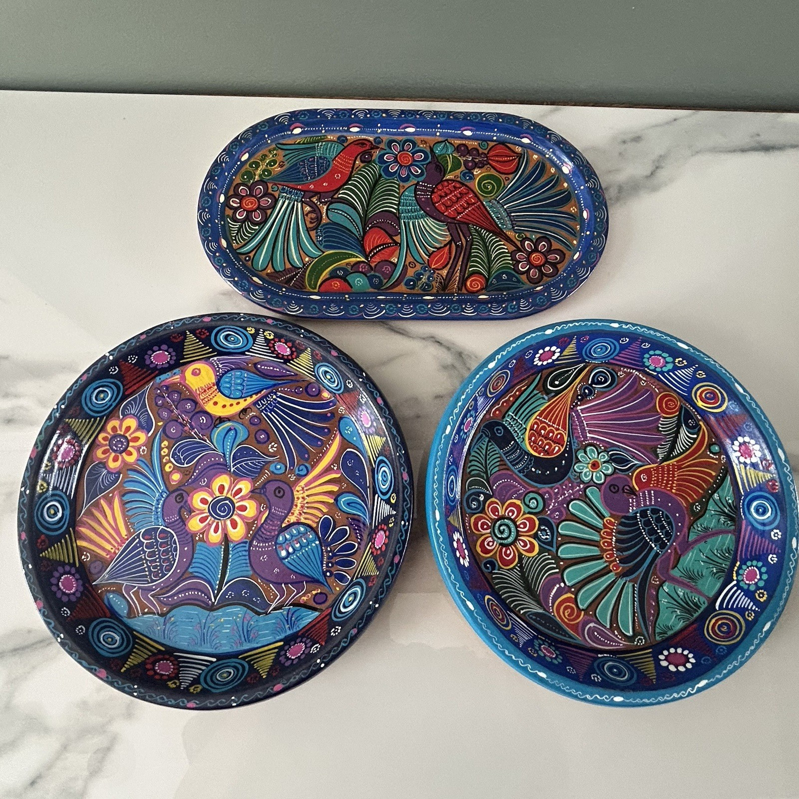 Hand-Painted Italian Terracotta Pottery Mexican Folk Art Style 3 Piece Set