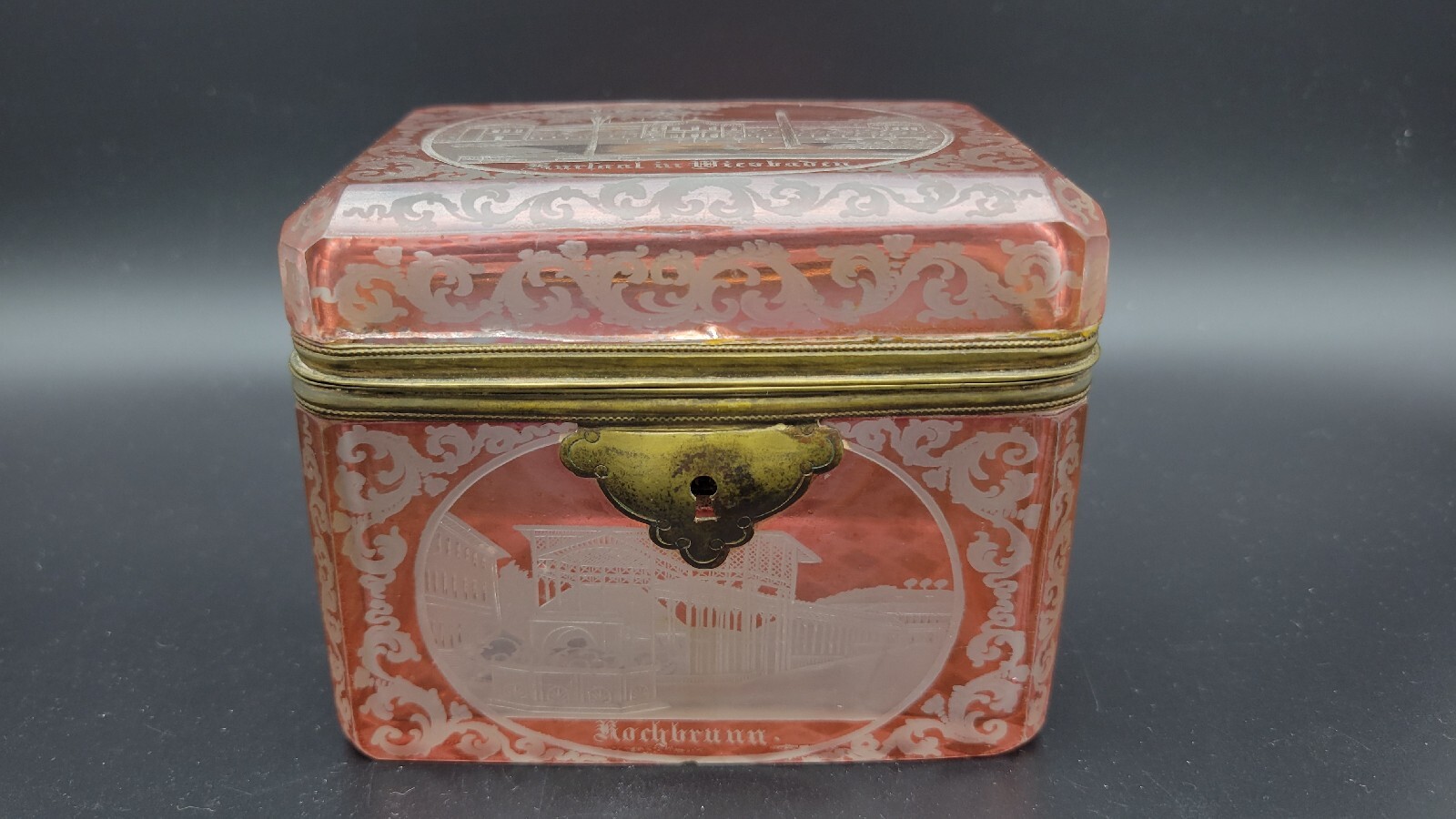 Antique 19th Century Austrian Hinged Lid Red Engraved Glass Trinket Jewelry Box