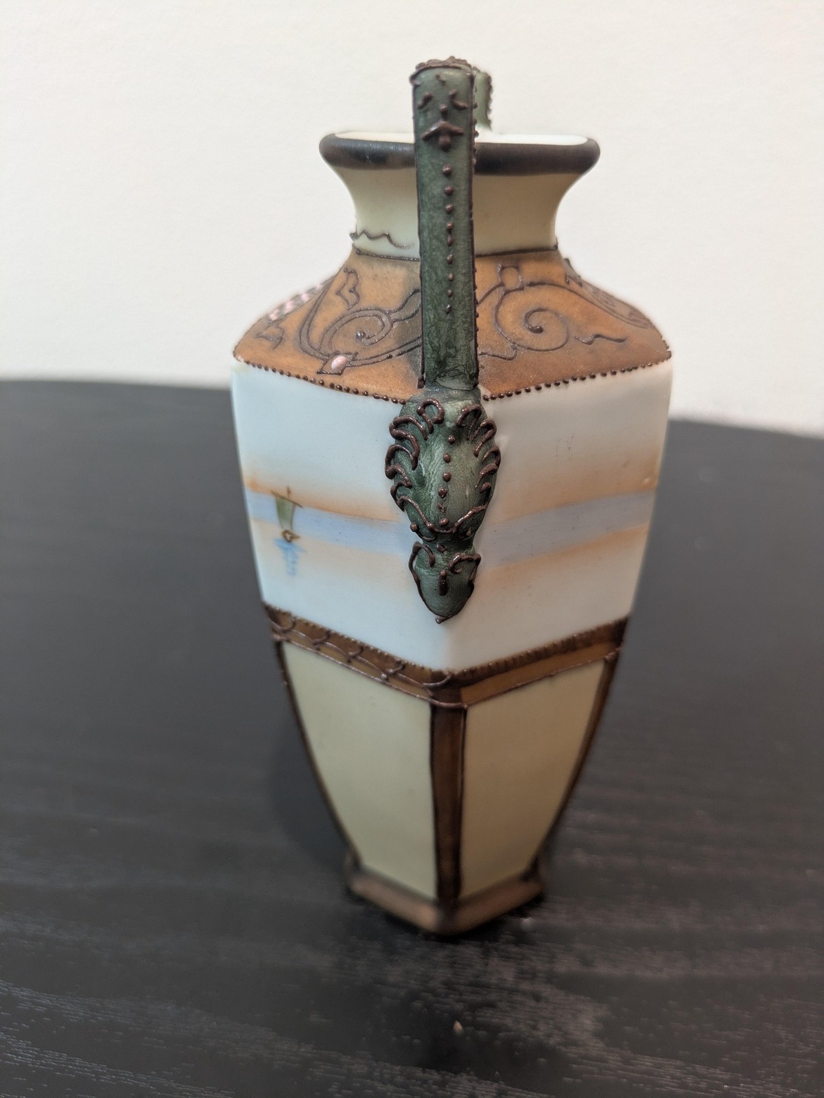 Antique Nippon Hand Painted Sailboat Scenic Vase Beige Porcelain Japan Nautical