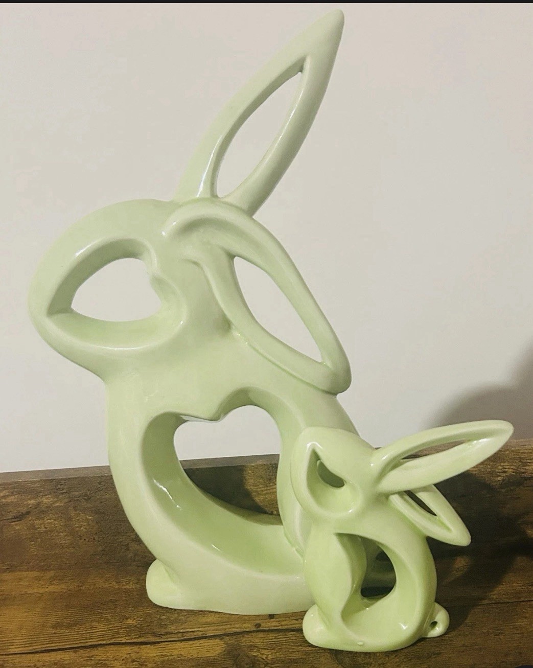 Light Green Ceramic Bunny Figurine Set of 2 Glossy Decorative Easter Rabbits