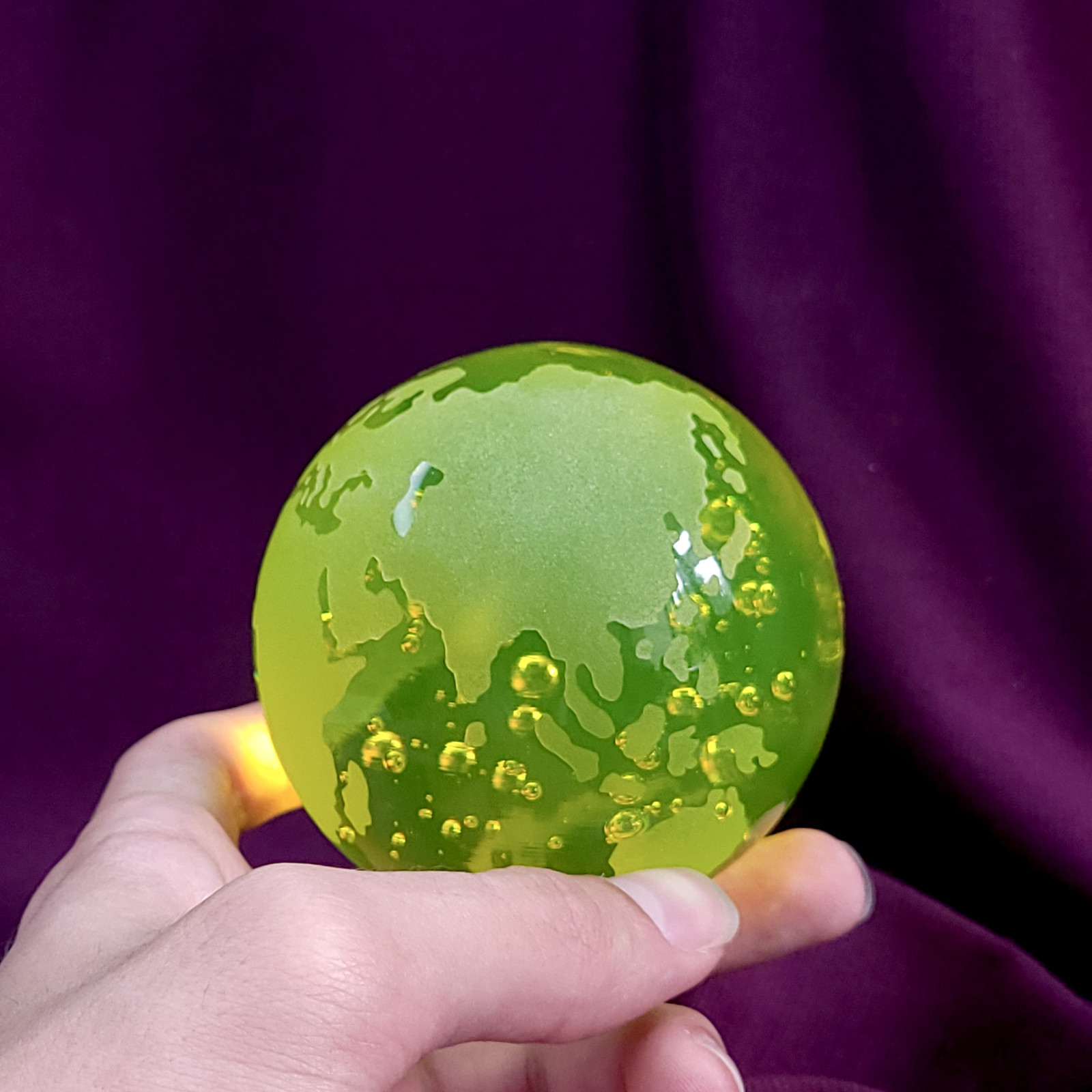 Uranium Glass Earth Paperweight 79mm Vaseline Glass Sphere Globe with Bubbles