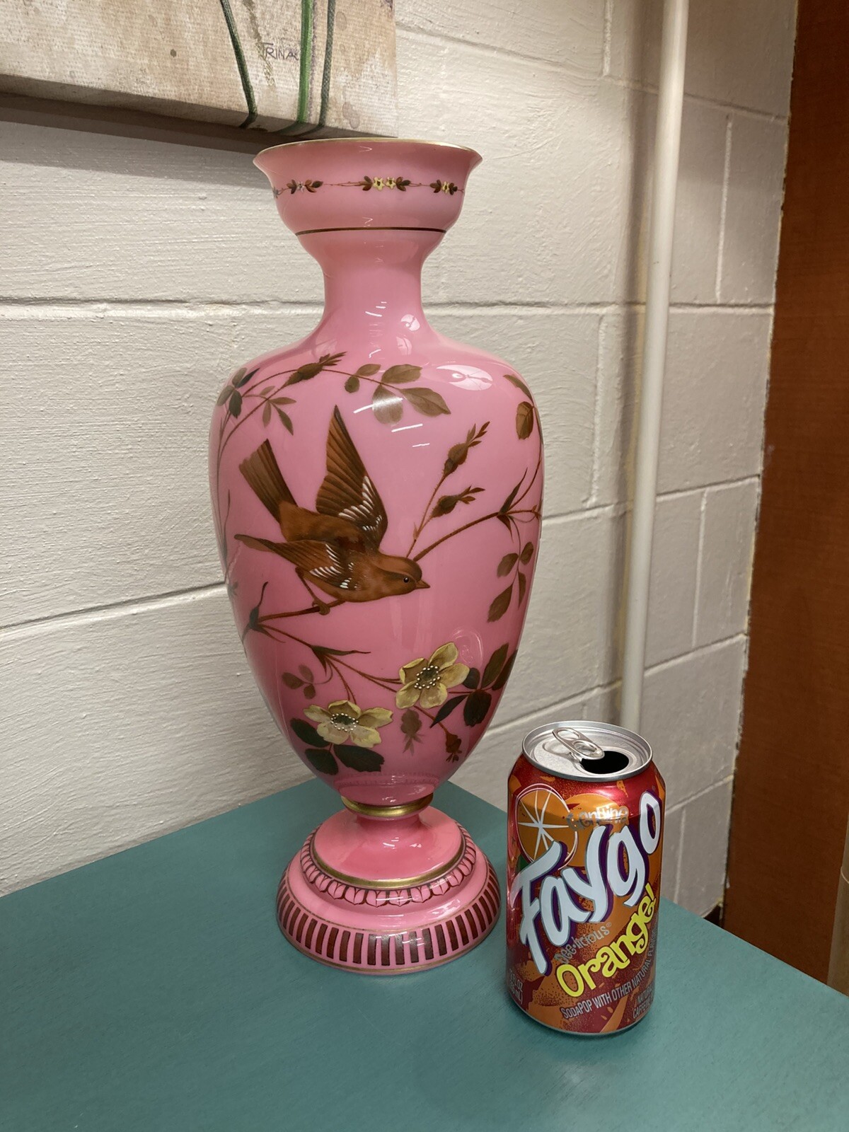 HARRACH MANTLE VASE 14″ X 6″ Bird & Blossom Enamel Pink Opaline EXCELLENT!
