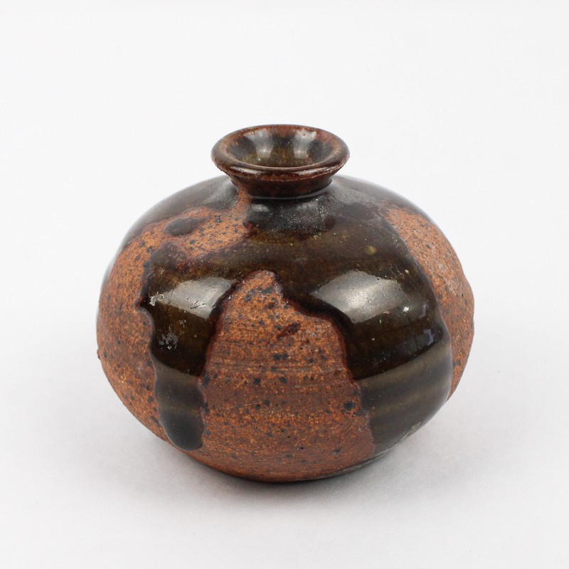 Small Handmade Signed SS Decorative Coil Pottery Brown Round 2.75″ Tall