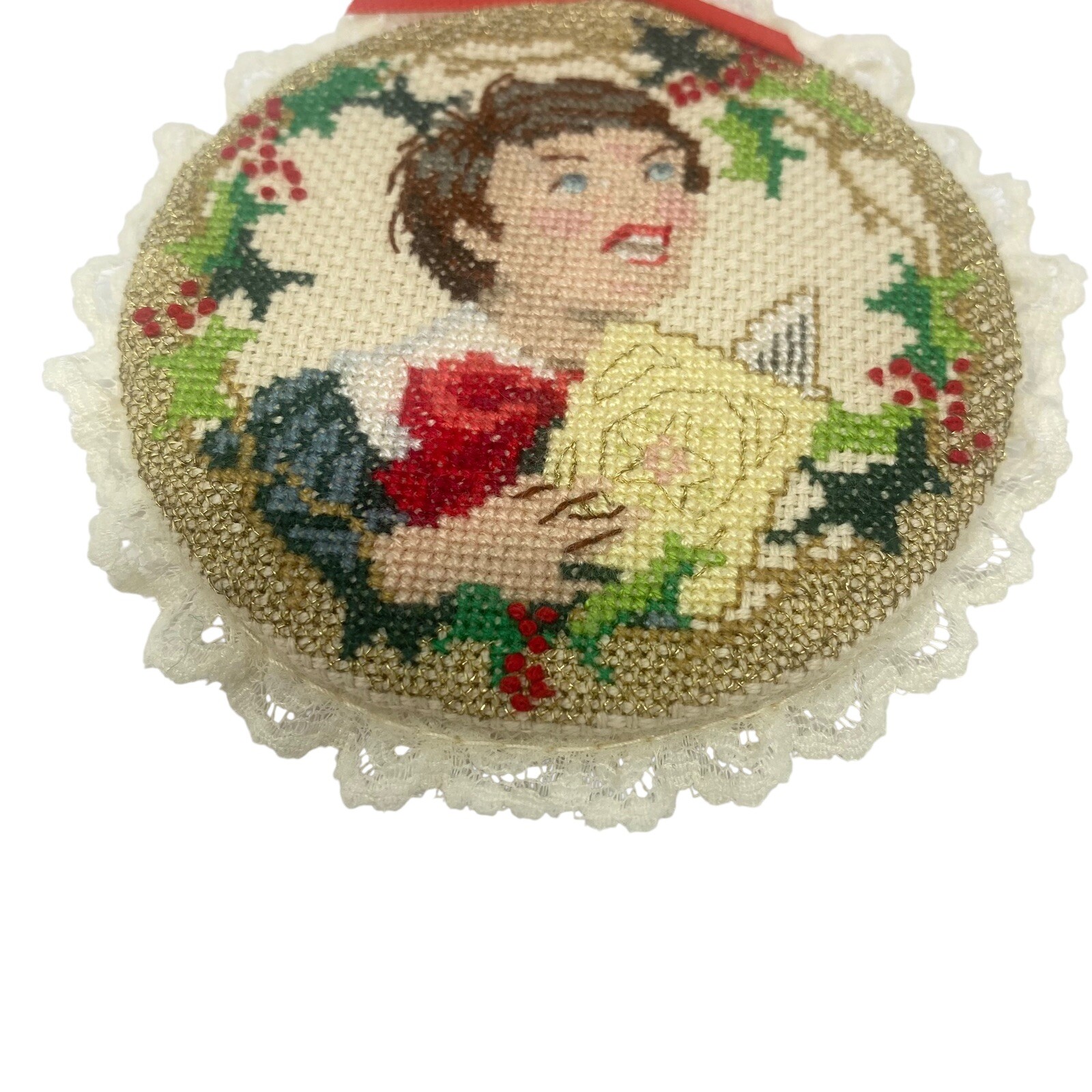 Vintage Needlepoint Victorian Boy and Girl Ornaments Finished Handcrafted lot 2