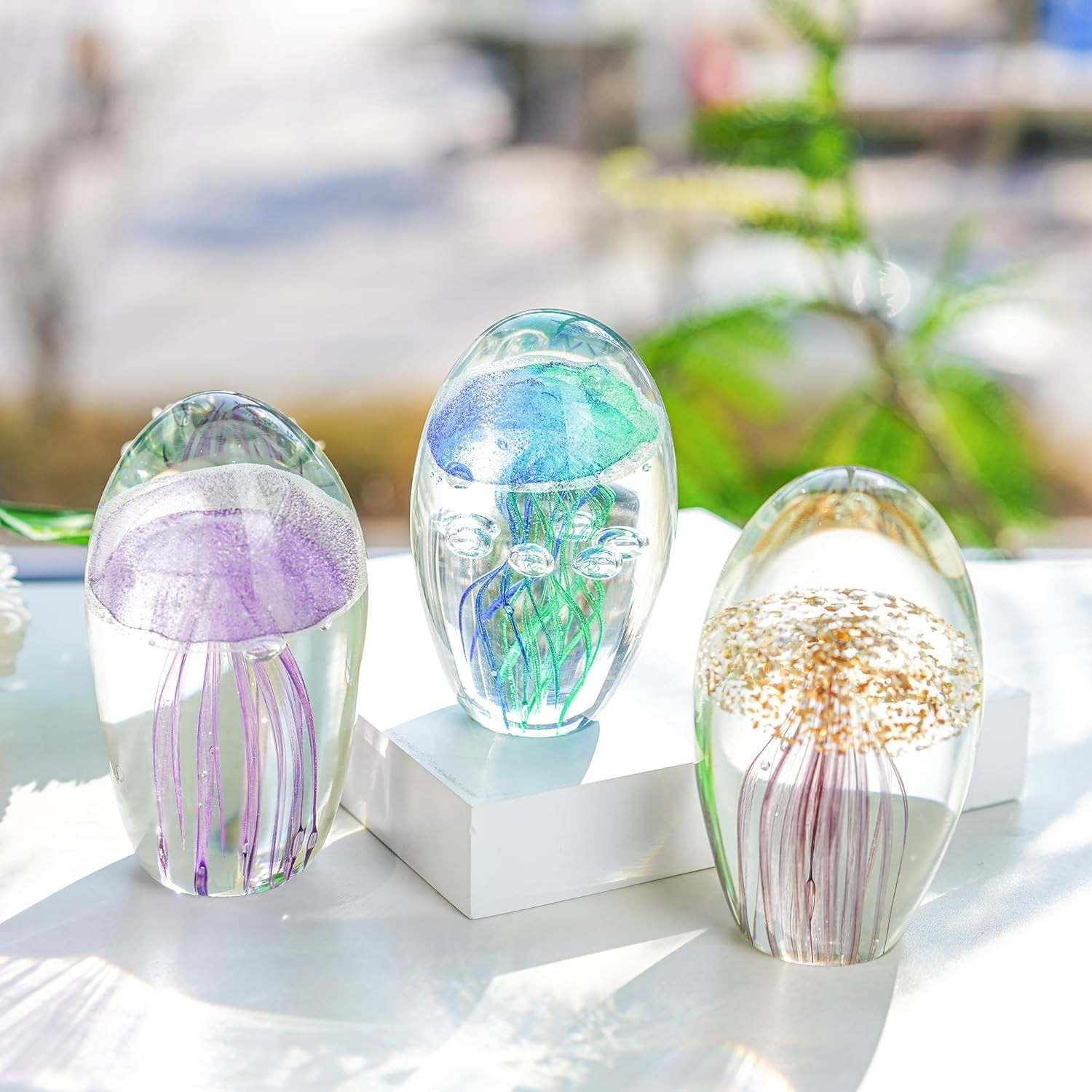Glass Jellyfish Paperweight 3.8″ Hand Blown Figurine Decor QFkris