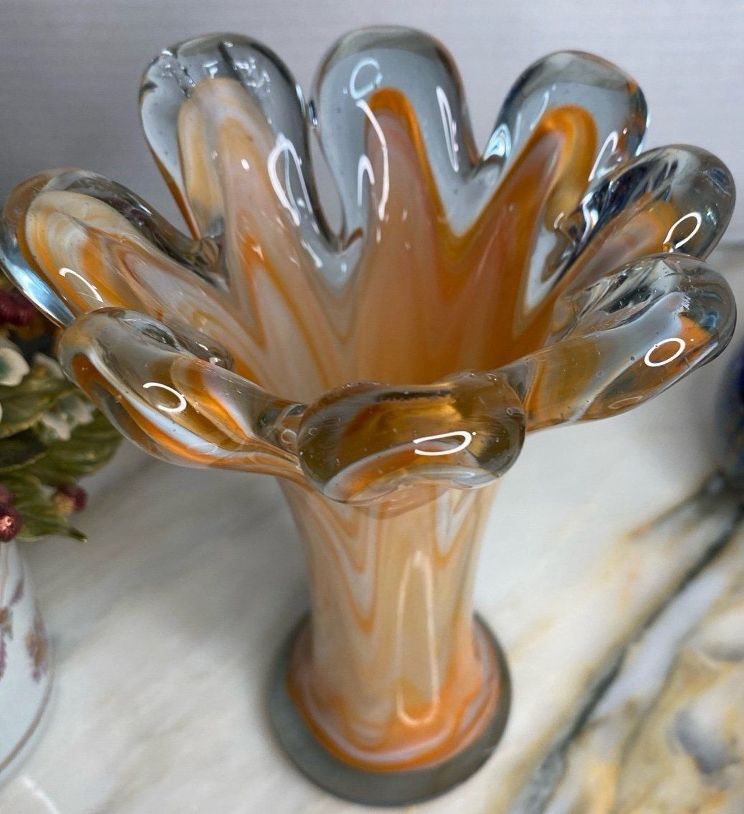 Vintage Murano Style Hand Blown Art Glass Ruffled Vase Orange White Swirl 6”