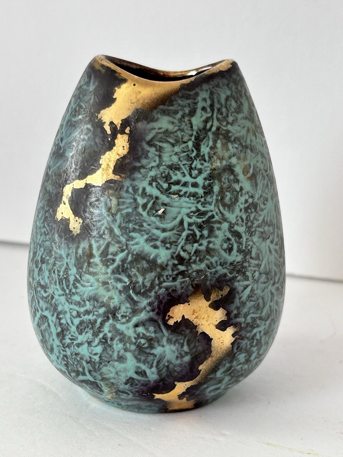 Mid-Century Jasba Keramik Fish Mouth Vase Germany Turquoise Gold Excellent