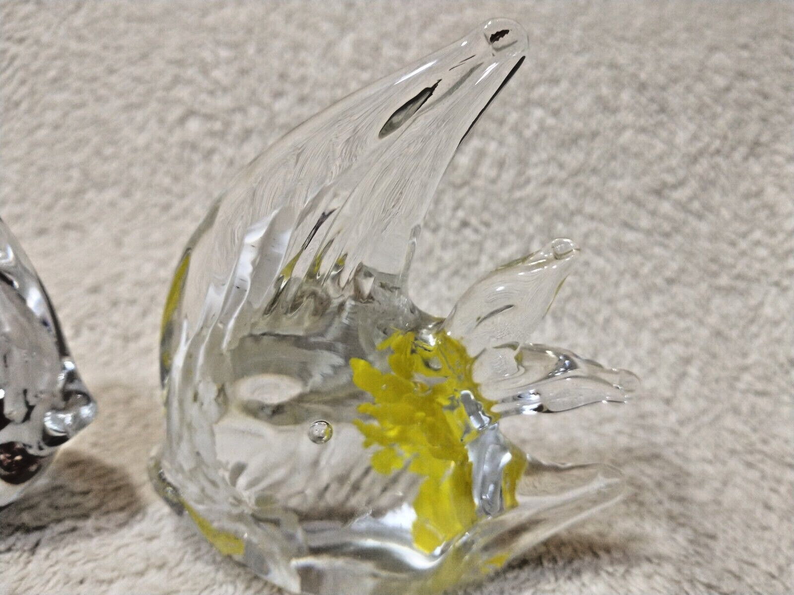 2 Art Glass Angel Fish Statue Clear Yellow White-Clear Black White Paperweight