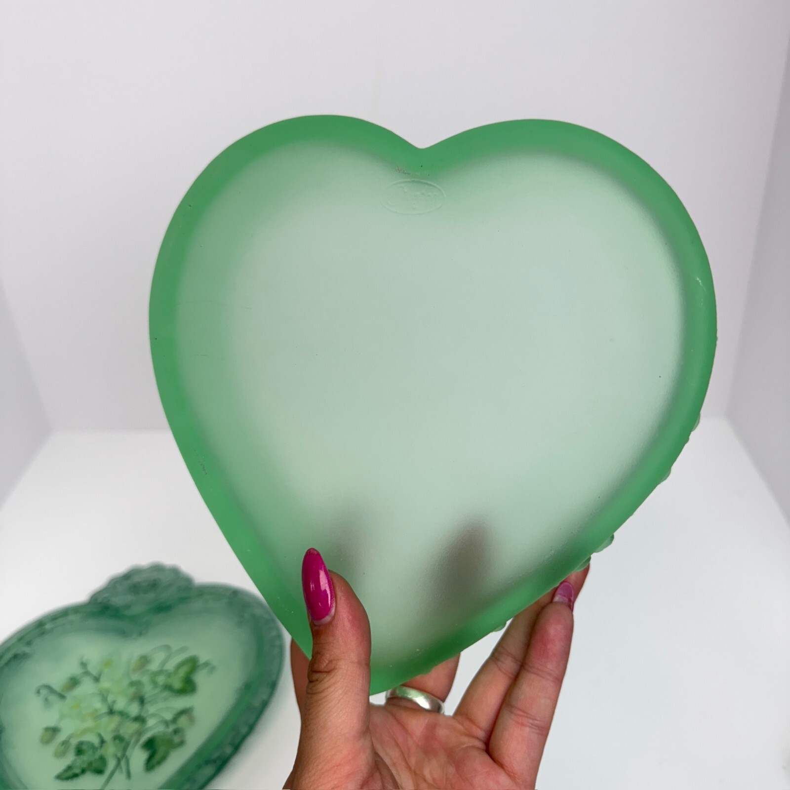 Vintage Fenton Favorites 2003 Handpainted Heart Shaped Trinket Box Stamped Green