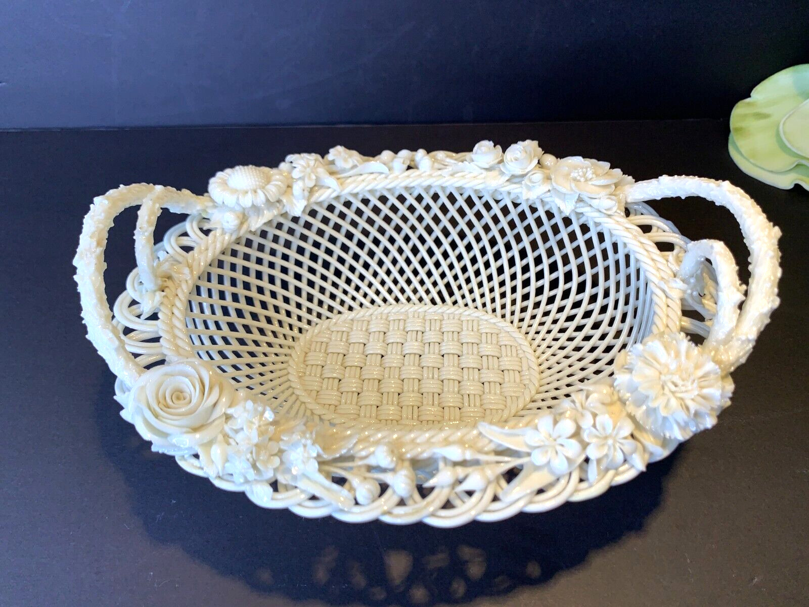 Belleek Floral Ornate 3-Strand Oval Basket w/Handles 1st Period 1860s Made