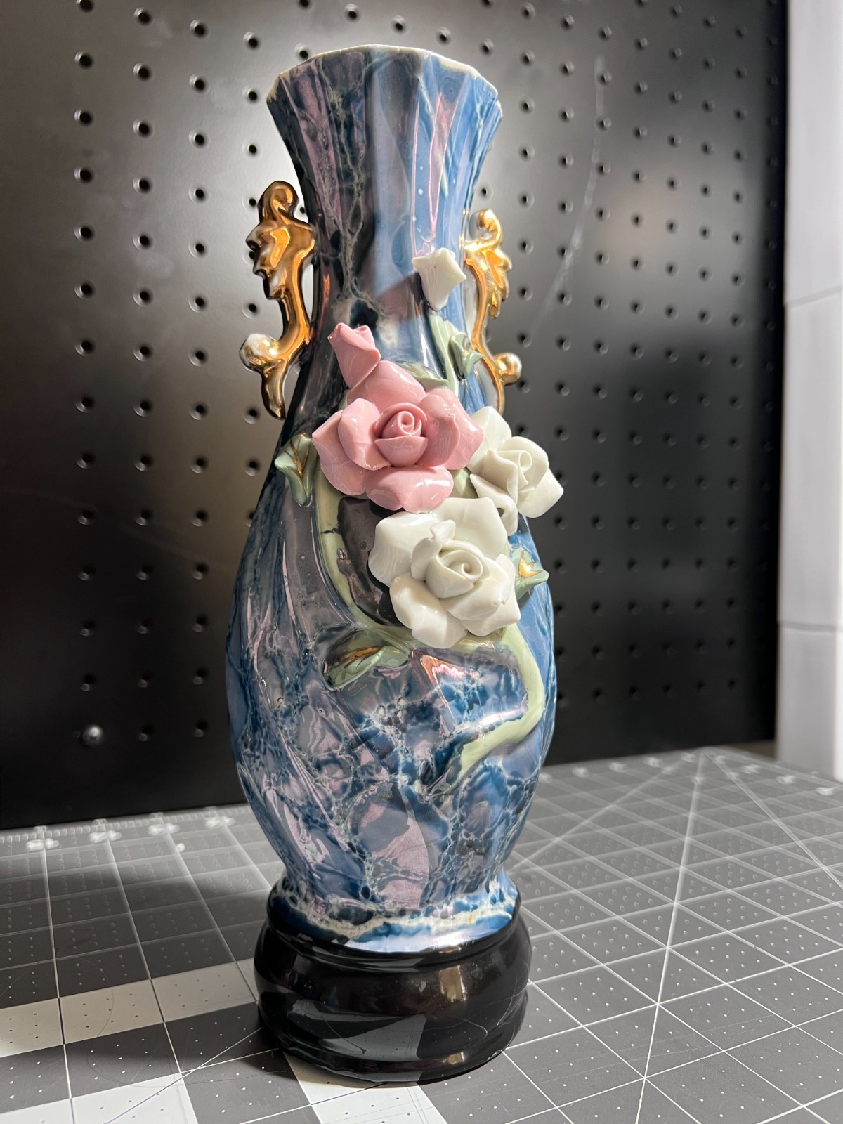 Vintage Lusterware Raise Vase Blue Marble Finish Pink White Roses Gold Handles