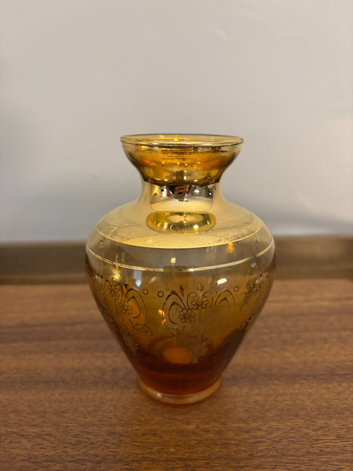Empoli Glass Amber Ruby Red Gold Accent Decorated in Murano Small Vases Set of 2