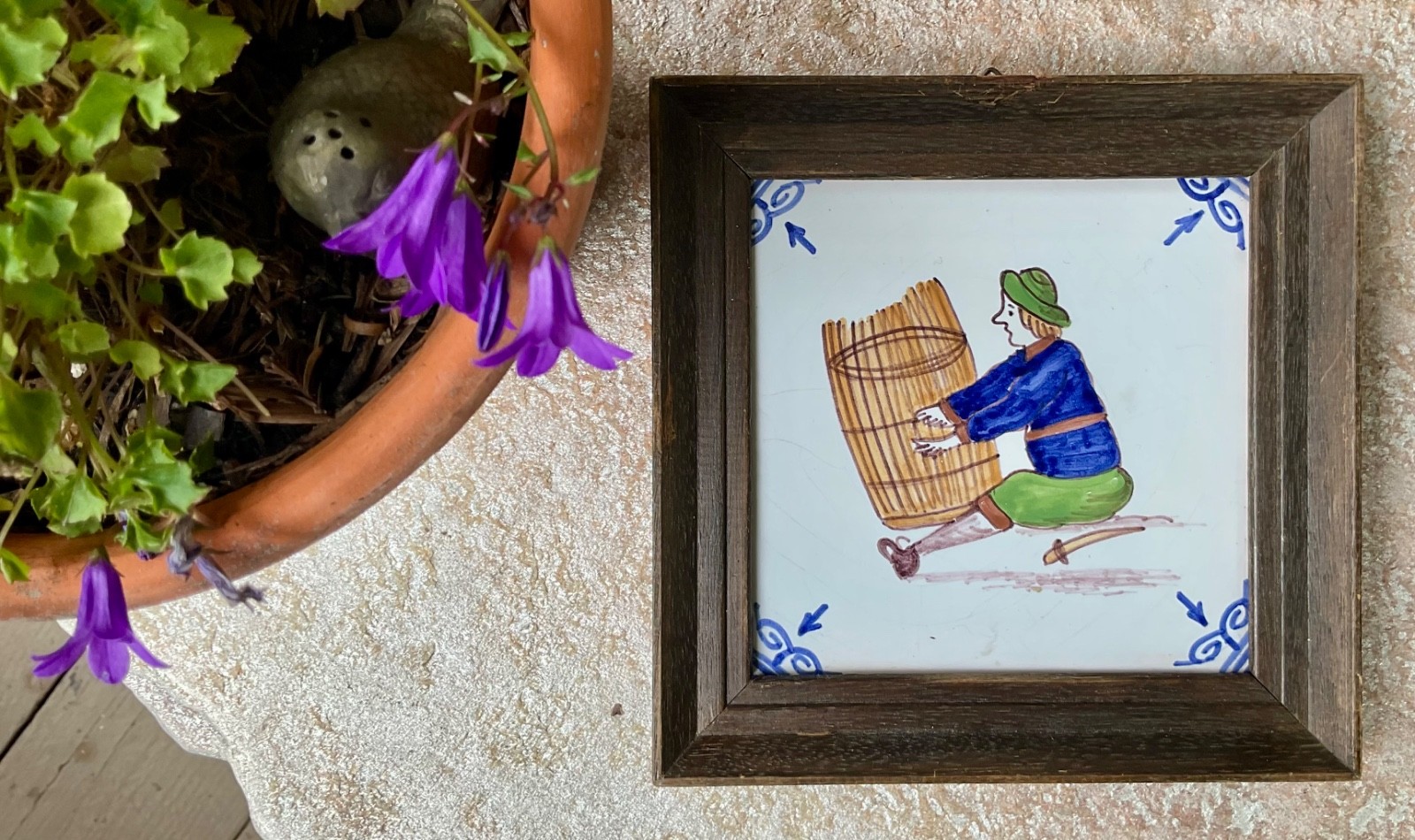 Vintage Framed Royal Delft Makkum Tichelaar Tile of Barrel Maker ~ Hand Painted