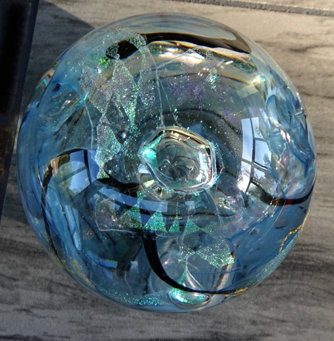 Signed Tim Lazer 2000 Studio Art Glass Dichroic Patterns Paperweight 3.3″