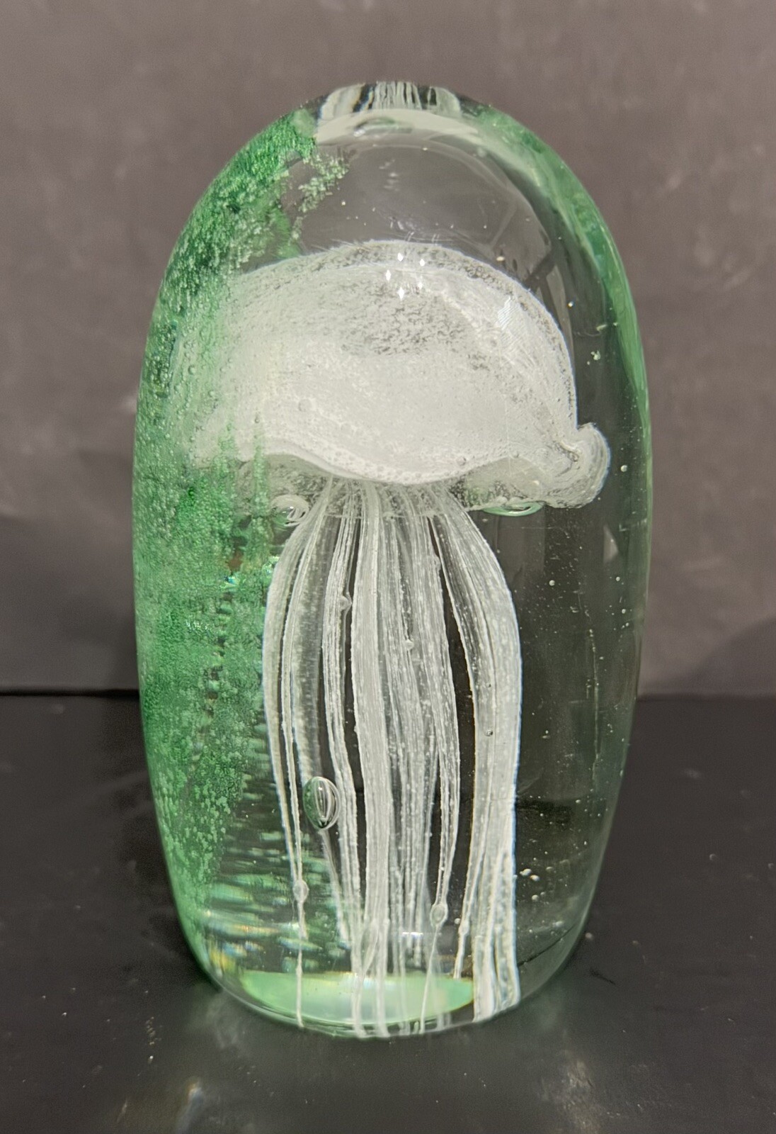 Jellyfish Paperweight Glass Blown Unmarked 4.5” T Green Glows in Dark