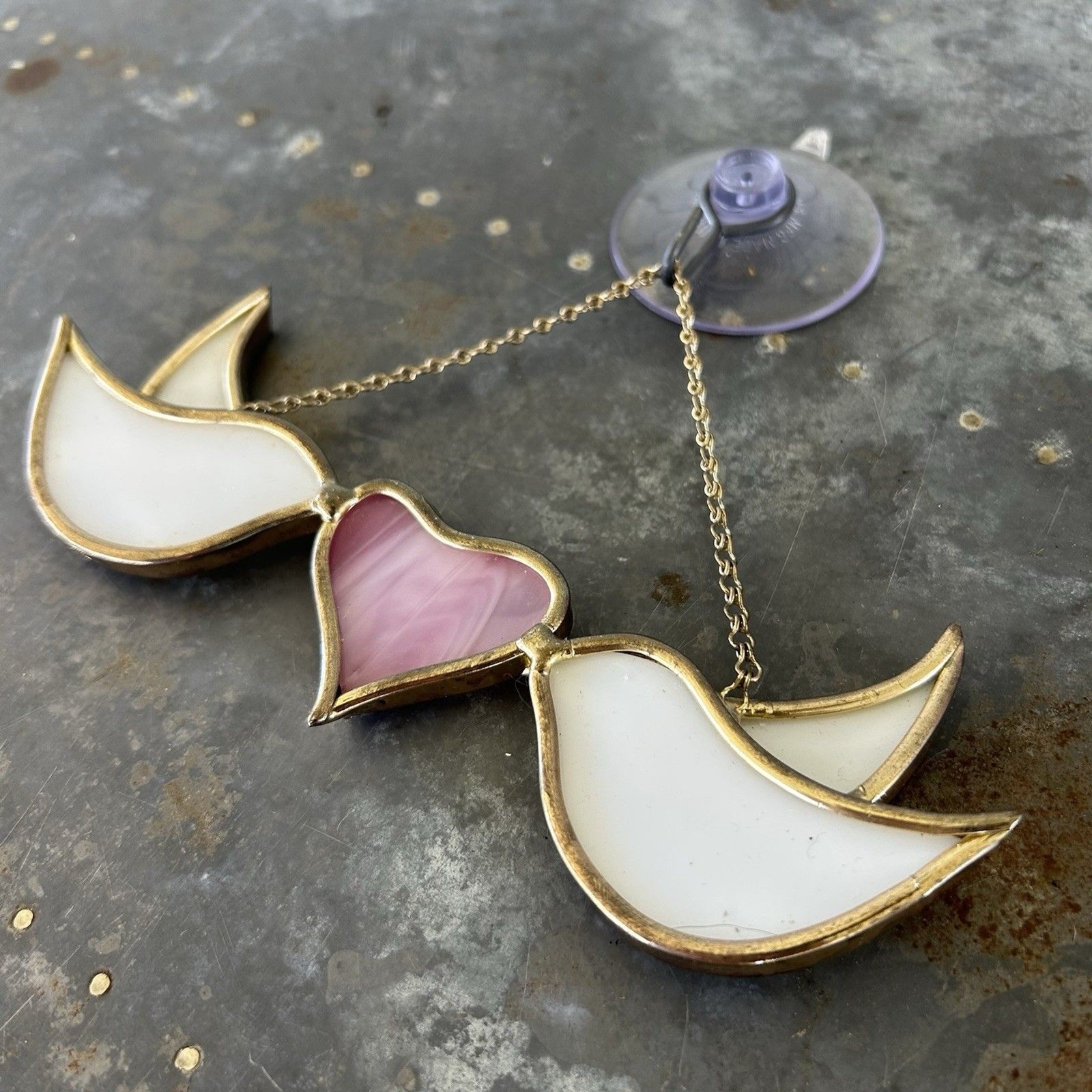 Vintage 1991 Stained Glass Love Birds Dove Pink Heart Window Hanging Sun Catcher