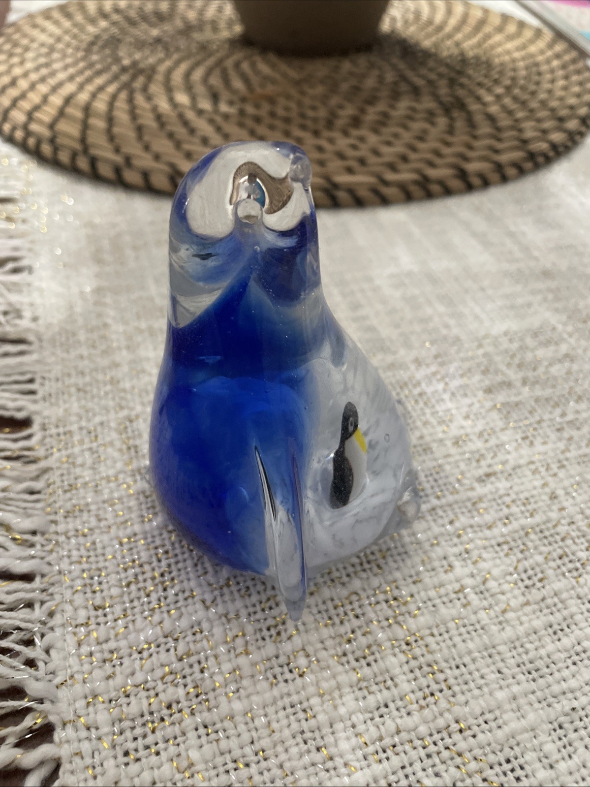 Murano Style Cobalt Penguin Art Glass Figurine Paperweight 6”