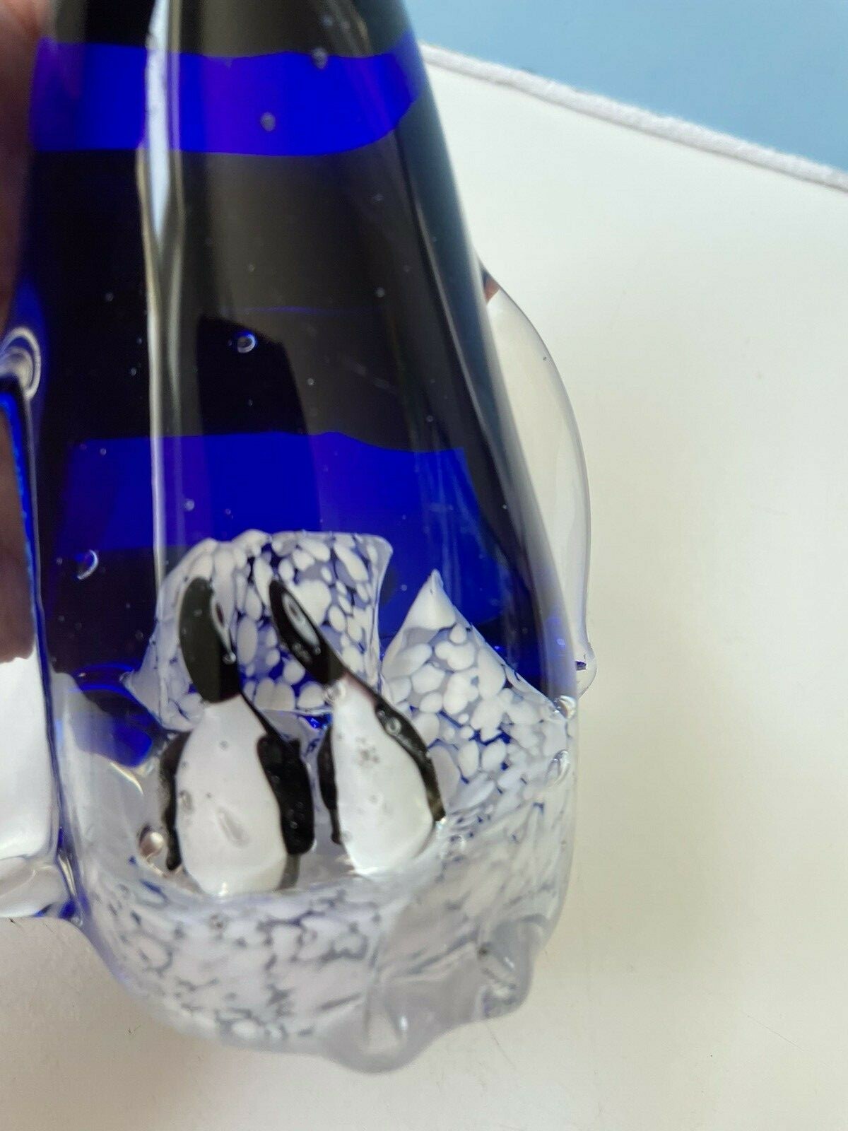 Vintage Paperweight Penguin Blown Glass Blue and Clear Glass 5-1/2″ Tall c.1990s