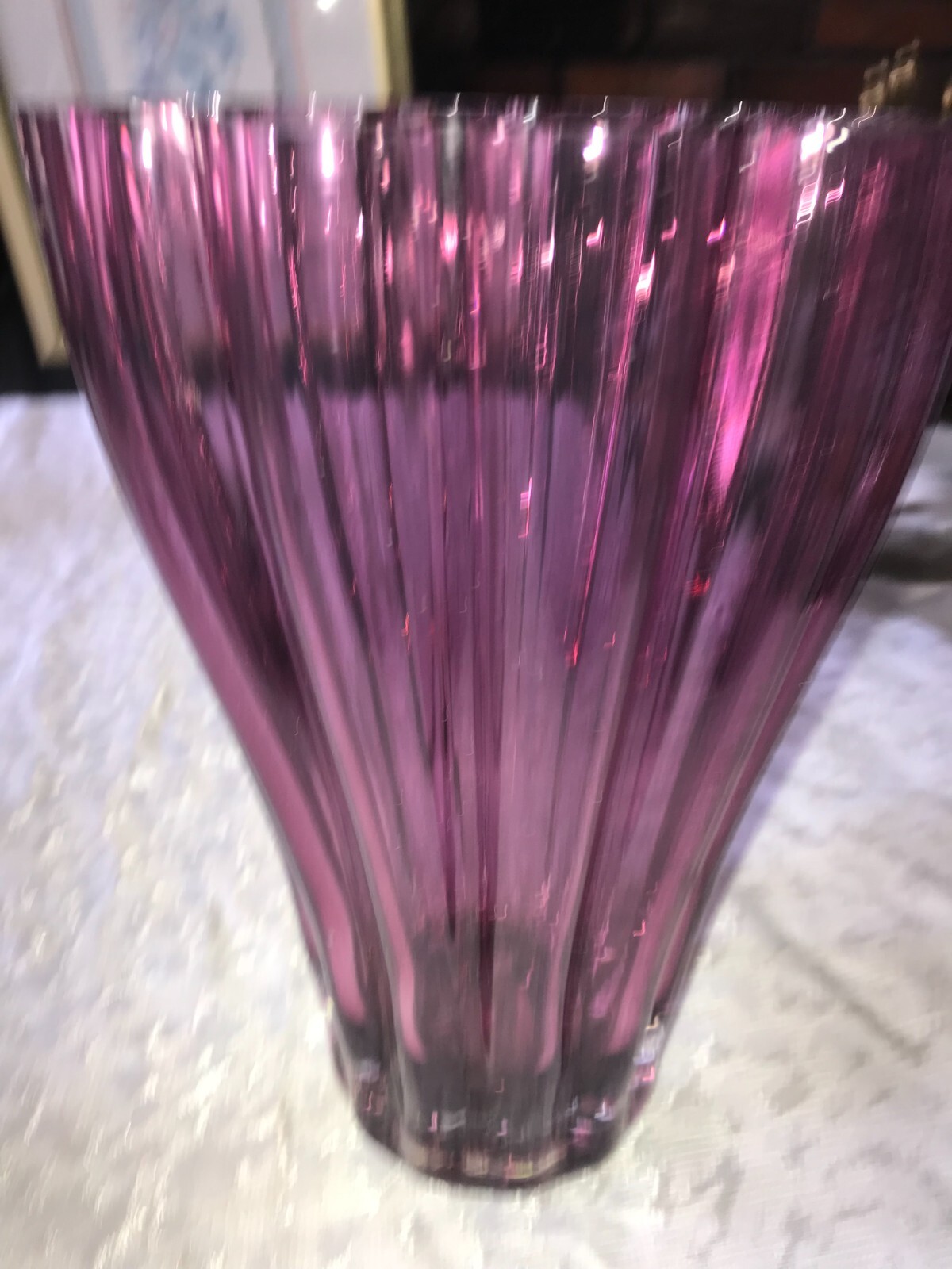 RARE Vintage PURPLE Rib RUFFLE Flared GLASS VASE 10¼” Tall Made in POLAND 4 lbs